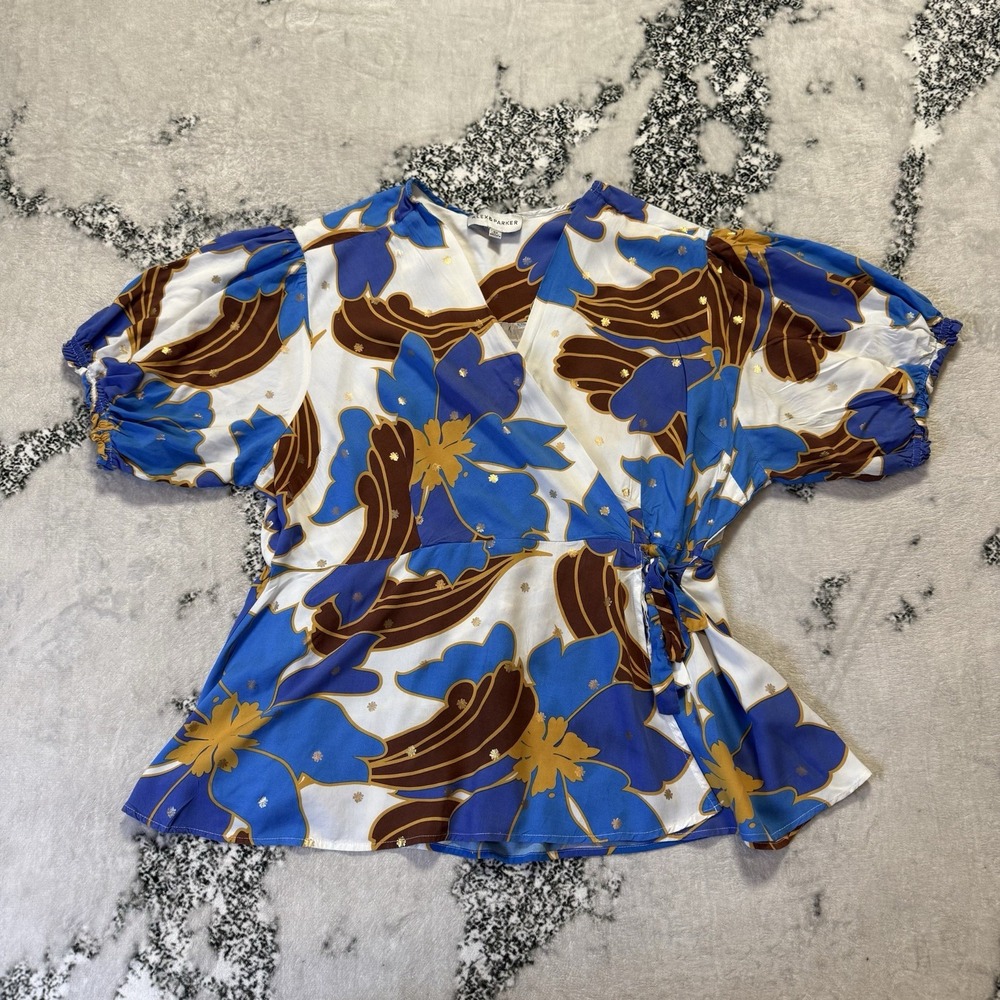 Alex & Parker Top Womens Size 3X Blue Floral Lightweight Faux Wrap Short‎ Sleeve